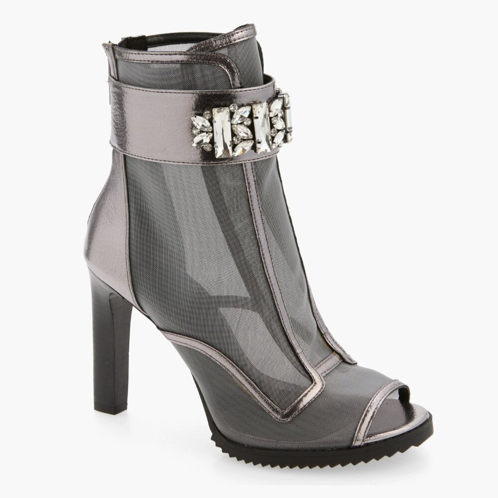 Karl Lagerfeld Paris Blayze Peep Toe Bootie Women Silver/Grey Edgy Glamour 8.5